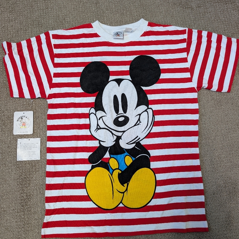 Vintage Mickey Mouse Short Sleeve T Shirt All Over Print Striped 90s Disney&Co